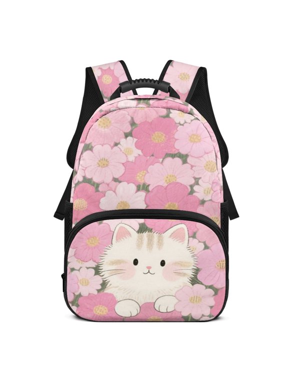 Cat Floral Print 17 Inch School Backpack for Teenagers, Polyester Durable Travel Backpacks for Daily Use Camping