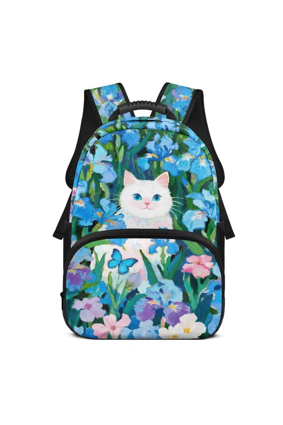 Cat Iris Floral Design Comfortable Backpack, Polyester Adjustable Shoulder Straps Lightweight School Backpack for Travel Daily Use