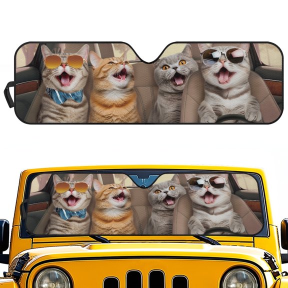 POLERO Cat Singing Off-Road Vehicle Front Sun Blocker for Outdoor Beach Foldable UV Rays Blocker Polyester Windshield Sun Shade