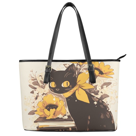 POLERO Cat and Floral Pattern Tote Bag for Travel, PU Leather Handbag with Adjustable Strap Casual Saddle Handbag