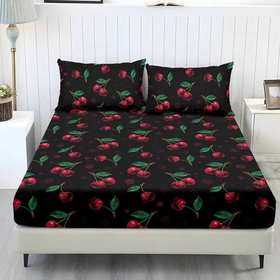 POLERO Cherry 3 Pcs Twin Size Bed Sheets Set Non-Slip Easy Fit Fitted Bottom Bedsheet Wrinkle Free All-Season Fitted Bed Sheet with Standard Pocket 9.8 Inch