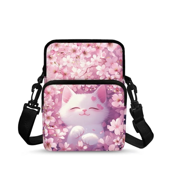 POLERO Cherry Blossom Cat Decoration 2 Layer Cell Phone Messenger Bag, Stretch Polyester Crossbody Bags with Zipper Pockets Crossbody Purse for Travel Outdoor