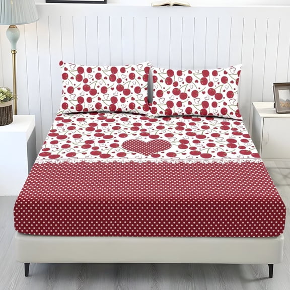 POLERO Cherry Red Heart King Size Sheet Set 3Pcs All-Season Bedding Bedsheet with Standard Pocket 9.8 Inch Fade Resistant Fitted Sheets Easy Care