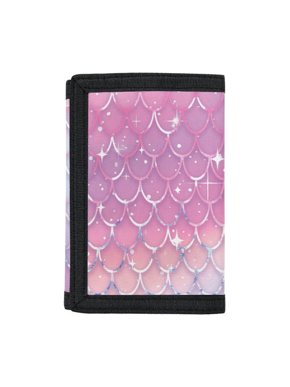 Children's Wallet Pink Mermaid Scale Pattern Lightweight Trifold Purse for Travel, Elastic Polyester Slim Trifold Card Wallet