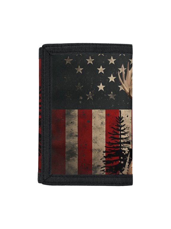 Children's Wallet Vintage American Flag with Elk & Pine Tree Silhouette Design Slim Kids Trifold Wallet for Outdoor, Polyester Lightweight Trifold Card Wallet