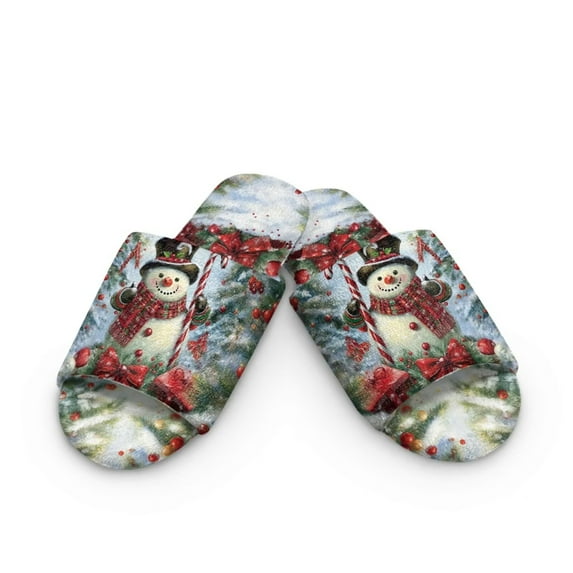 POLERO Christmas House Slippers for Women Comfortable Arch Support Indoor Slippers Open Toe Soft Bedroom Shoes Snowman Print, Size 12-13