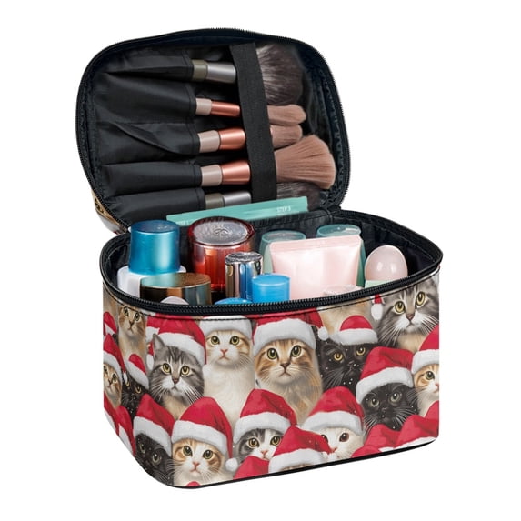 POLERO Christmas Makeup Bag with Festive Cats Decoration , Polyester Toiletry Bag with Brush Slots for Women and Girls Travel