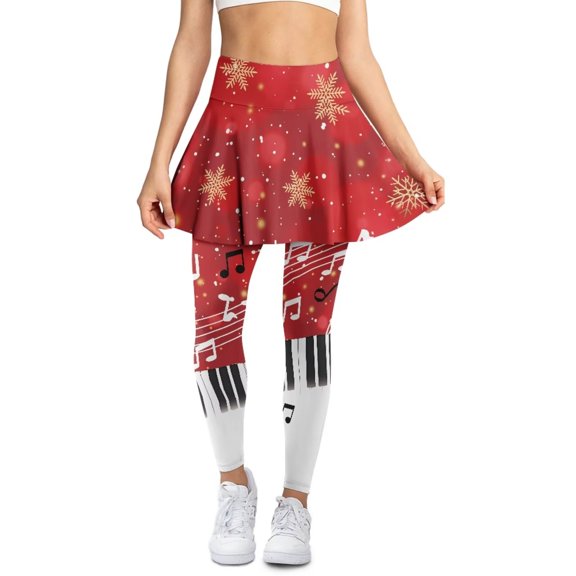 POLERO Christmas Piano Music Note Red Yoga Leggings Skirt with Legging Ruffle Pleated Skirted Leggings Workout Flare Athletic Running Pants Full Length Gym Pants with Pockets for Women