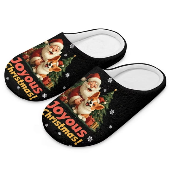 POLERO Christmas Santa Corgi Print Closed Toe House Slippers for Woman Men Soft Cotton Indoor Slippers Comfortable Slip On Bedroom Shoes, Size 10.5-11.5