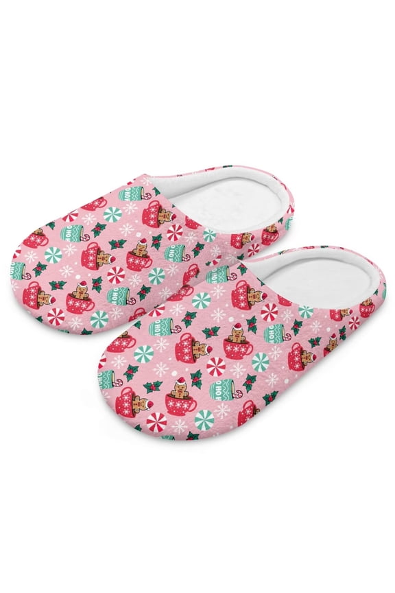 Christmas Slippers for Women Indoor Bedroom Warm Closed Toe House Shoes Trendy Gift for Womens Soft Sole Pink Gingerbread Man Print, Size 9-10