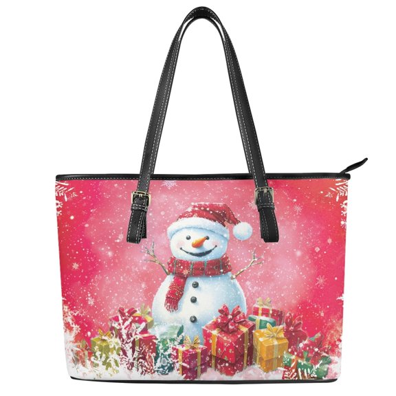 POLERO Christmas Snowman Shoulder Bag, PU Leather Handbag for Daily Use, Waterproof Zippered Saddle Handbag