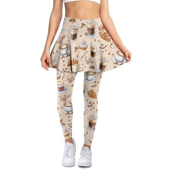 POLERO Coffee Brown Yoga Tennis Skirt with Pockets Skirted Athletic Gym Tennis Legging for Women Full Length Running Skirts Tummy Control Workout Fitness Sports Leggings for Golf