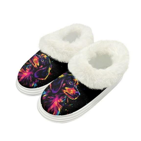 POLERO Color Dachshund Dog Print Cozy Slippers for Women with Anti-Skid Thick Sole Memory Foam Fuzzy House Shoes, Size 4-5