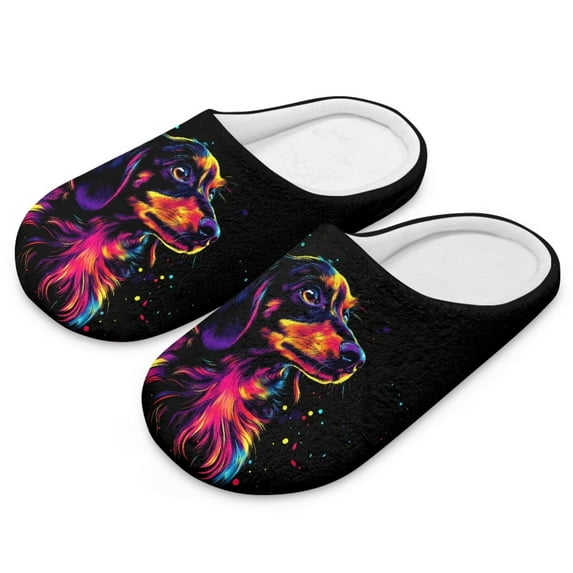 POLERO Color Dachshund Dog Print House Slippers for Women Comfortable Non-slip Indoor Slippers Closed Toe Soft Bedroom Shoes, Size 9-10