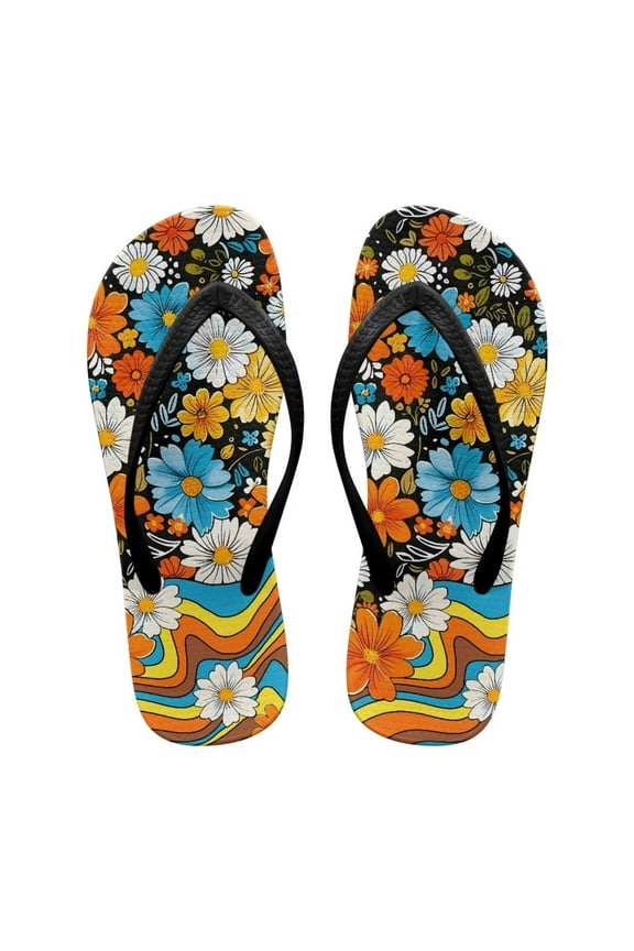 Color Hippie Floral Casual Flip Flops for Women Bathroom Shower Shoes Non-Slip Arch Support Thong Sandals