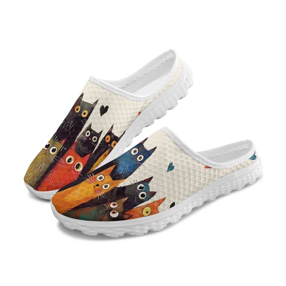 POLERO Colorful Cat Print Mesh Slip On Clogs - Breathable Lightweight Summer Comfort Shoes for Unisex Cat Lovers