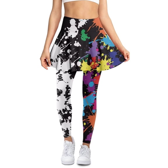 POLERO Colorful Splash Black White Skirted Leggings for Women Workout Skirt with Leggings Yoga Tennis Skirt with Pockets Butt Lifting Full Length Gym Running Lounge Pants Trousers