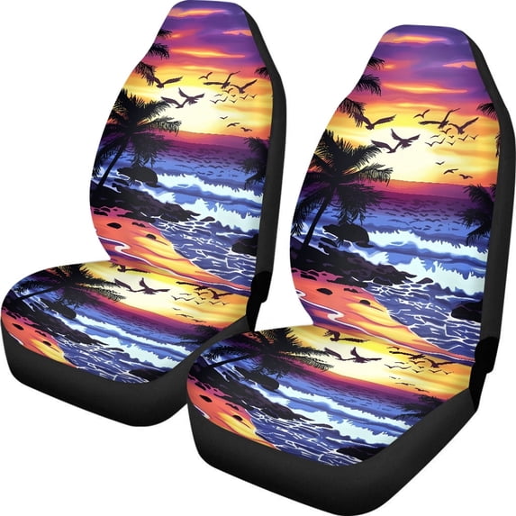 POLERO Comfort Car Seat Cover for SUV, Easy to Install Stretchy Front Seat Cover Polyester Full Set of 2, Ocean Sunset Beach