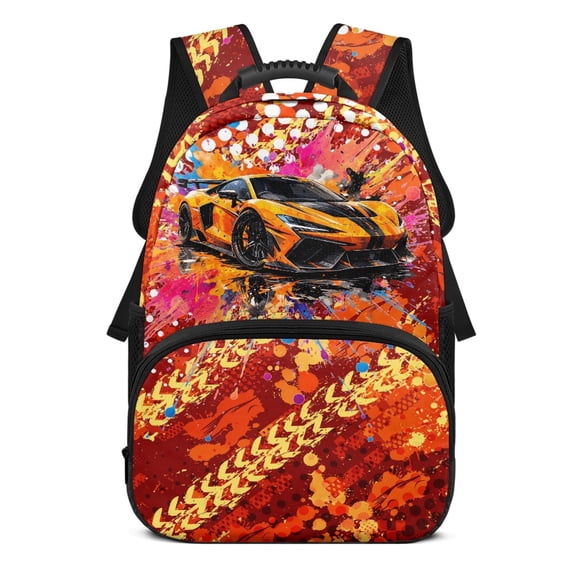 POLERO Comfortable Backpack for Daypack Shopping, Polyester Soft Large Capacity Backpack, Orange Sports Car Splatter