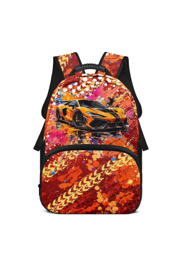 Comfortable Backpack for Daypack Shopping, Polyester Soft Large Capacity Backpack, Orange Sports Car Splatter