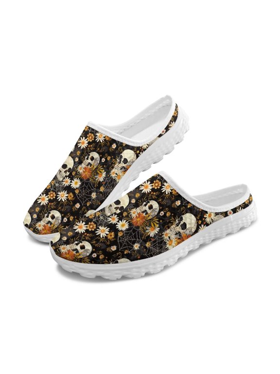 Cottagecore Daisy Flower Skull Shoes for Women Lightweight Anti Slip Walking Sneaker Mesh Breathable Open Back Shoes for Outdoor,Traveling,Beach Sports