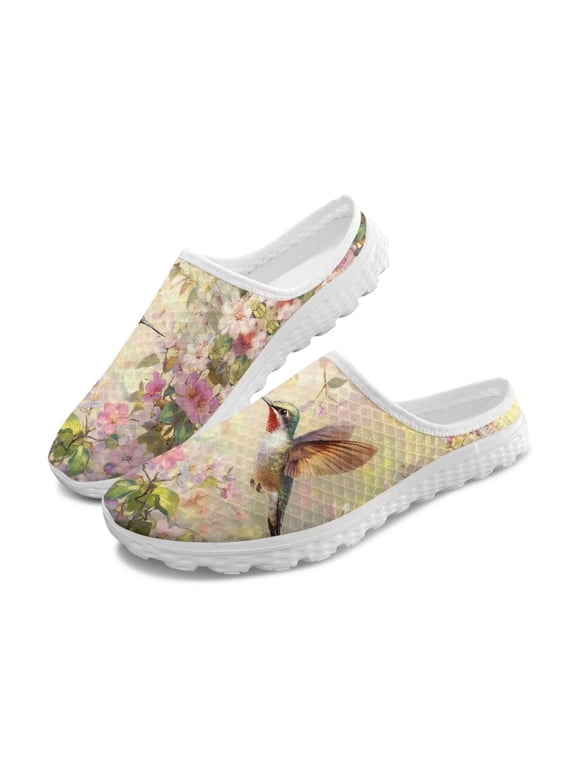 Cottagecore Flower Hummingbird Mules Shoes for Women Lady Aesthetic Flowers Slippers Breathbale Slip On Flat Loafers Open Back Garden Shoe