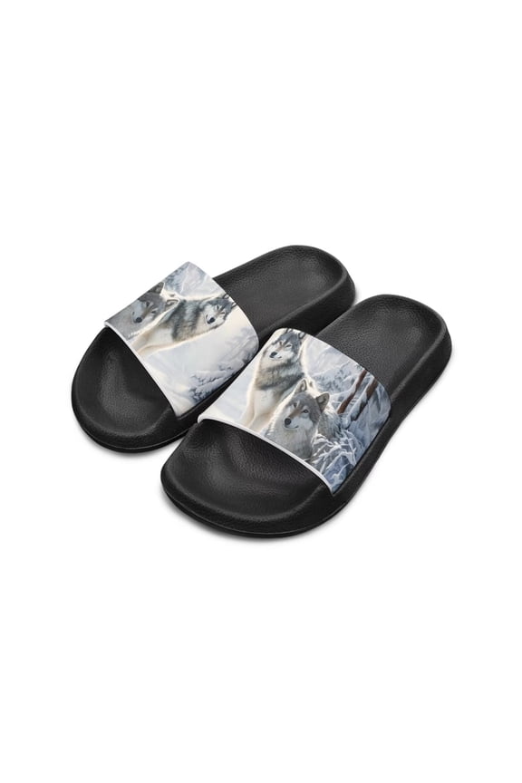 Couple Wolf Snow Slides House Sandals Boys Girls Thick Sole Cushioned Pillow Slippers Non-Slip Bathroom Shower Indoor Outdoor Lightweight