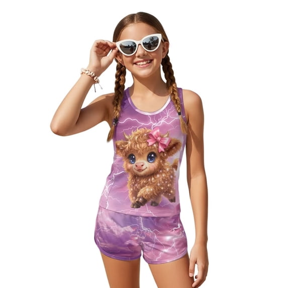 POLERO Cow Lightning Print Swimsuits for Girls Tankini Sleeveless Top Shorts Breathable Boyshort Cute Sun Protection Swimming Pool