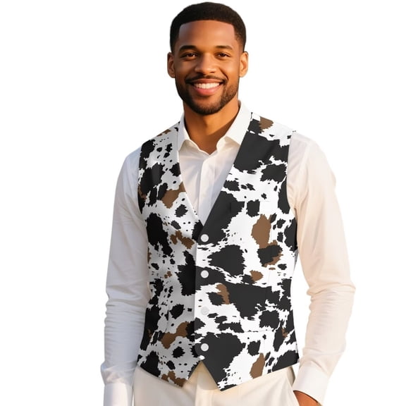 POLERO Cow Pattern Mens Formal Business Suit Vests 4 Buttons Regular Fit Waistcoat for Suit or Tuxedo Casual Party Wedding Prom 4XL