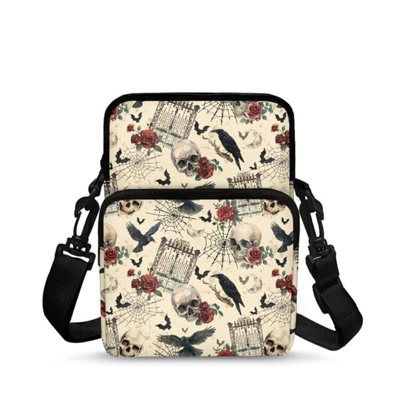 POLERO Crossbody Bag Halloween Skull Rose Pattern Zipper Closure Over Shoulder Wallet for Outdoor, Stretch Polyester Lightweight Crossbody Bags