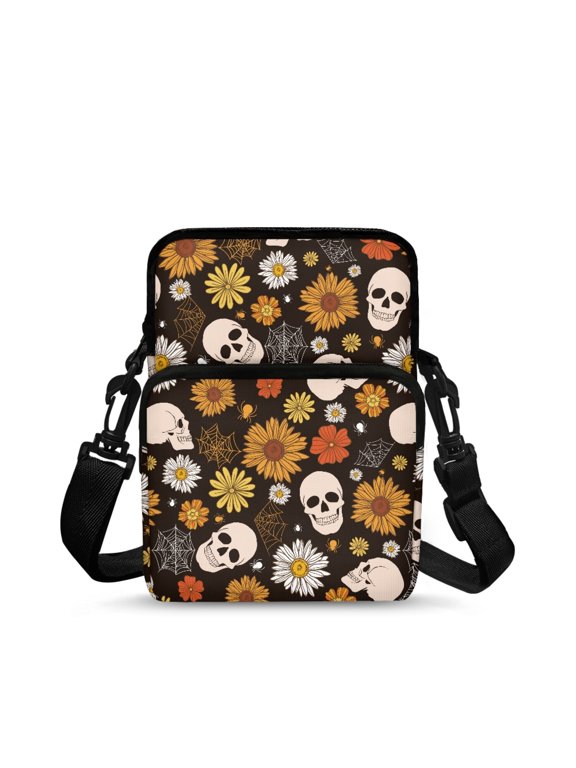 Crossbody Bag Skulls Pattern Waterproof Crossbody Bags for Daily Use, Stretch Polyester Lightweight Crossbody Purse