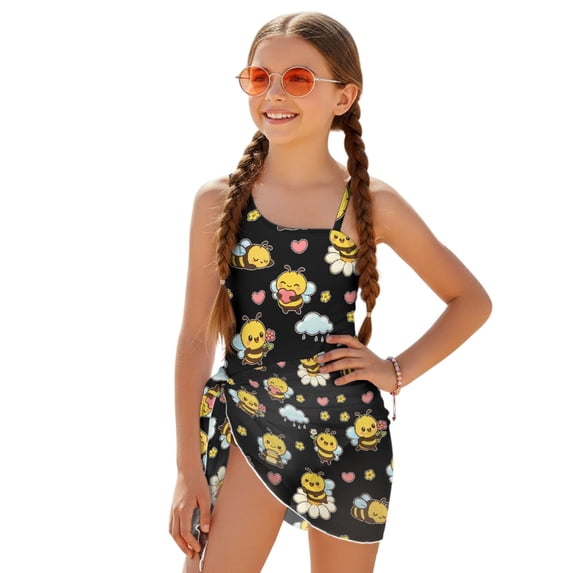 POLERO Cute Cartoon Bee One-Piece Swimsuit with Mesh Cover Up - Quick Dry, Adjustable Straps Swimwear for Teens & Girls 7-18 - Perfect Beach Pool Vacation