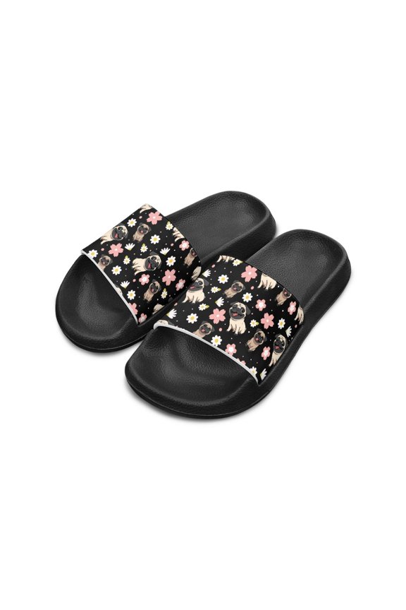 Cute Cartoon Pug Floral Kids Slide Sandals - Non-Slip Lightweight EVA Summer Slides for Beach, Pool & Indoor Use