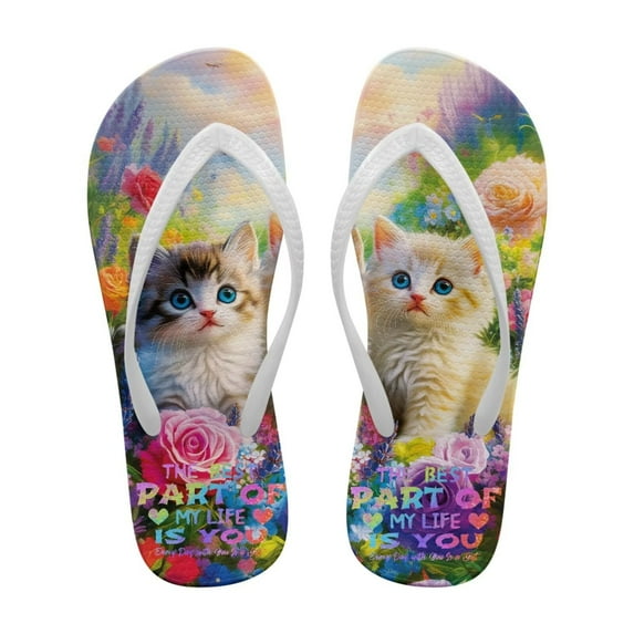 POLERO Cute Cat Rose Flip Flops for Women Non-Slip Rubber Sole Comfortable Thong Sandals