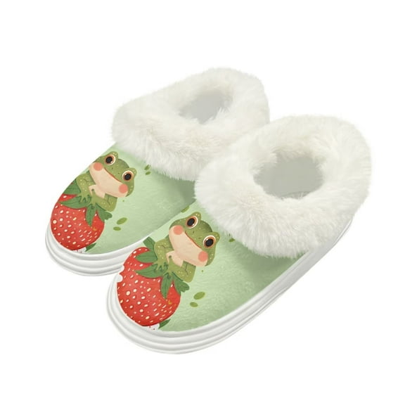 POLERO Cute Frog Strawberry Print Women Slippers Comfortable Thick Sole House Slippers for Woman Warm House Bedroom Shoes, Size 4-5