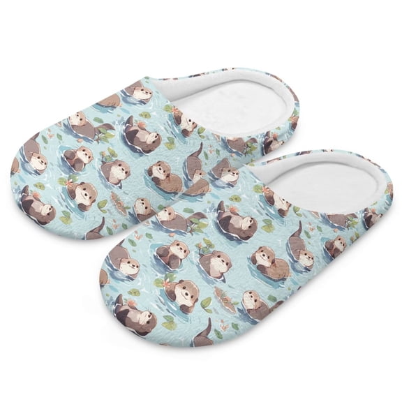 POLERO Cute Otters Print House Slippers for Woman Closed Toe Lightweight Indoor Slippers Slip On Bedroom Shoes with Soft Sole, Size 7.5-8.5