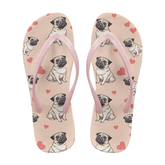 POLERO Cute Pug Flip Flops for Women Beach Arch Support Waterproof Shower Shoes for Daily Walking
