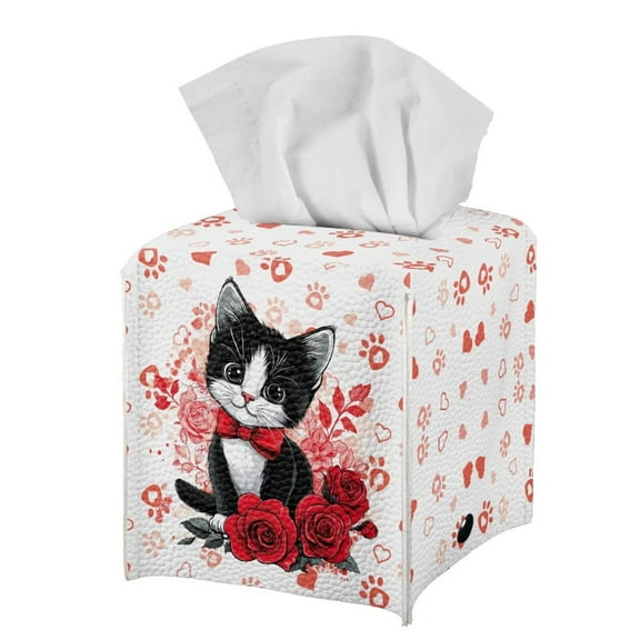 POLERO Cute Tissue Box Cover Square, Black Cat Rose PU Leather Tissue Box Holder Waterproof, Decorative Facial Organizer for Bathroom, Vanity Countertop, Car