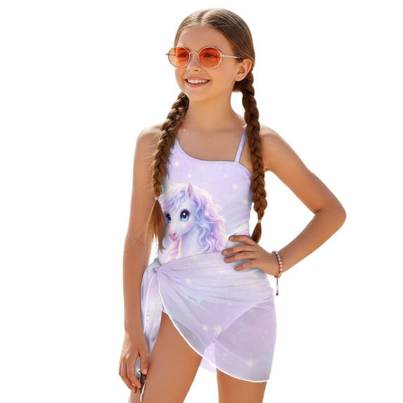 POLERO Cute Unicorn One-Piece Swimsuit with Mesh Cover Up Skirt - Quick Dry, Padded Swimwear for Teen Girls 7-18Y - Perfect for Beach & Pool Vacation