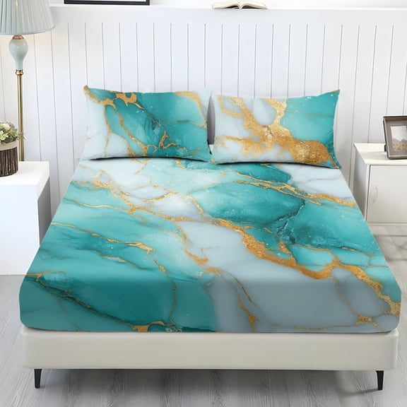 POLERO Cyan Marble Bed Sheets 3Pieces Queen Size Fitted Sheet Set Stretch Comfy Bedsheet & Pillowcases with Standard Pocket 9.8 Inches Non Slip Soft Bedding Set for Home Decor