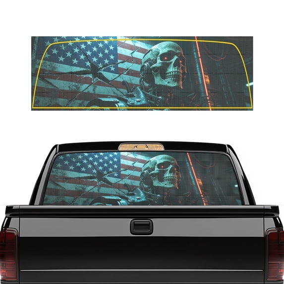 POLERO Cyber Skull American Flag Perforated Vinyl Rear Window Decal, 66.9" x 22.4" See through Sticker for Pickup Trucks, Sun Blocking Full Window Coverage