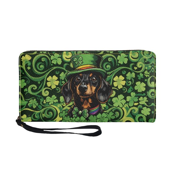 POLERO Dachshund Clover Pattern Long Purse, Zip Around PU Leather Women's Wallets for Shopping Travel, Large Capacity Womens Wallets