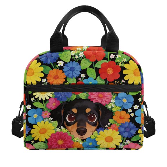 POLERO Dachshund with Vibrant Floral Print Carry Lunch Tote, Lightweight Portable Aluminum Film Material Insulated Lunch Bag for School Picnic Office