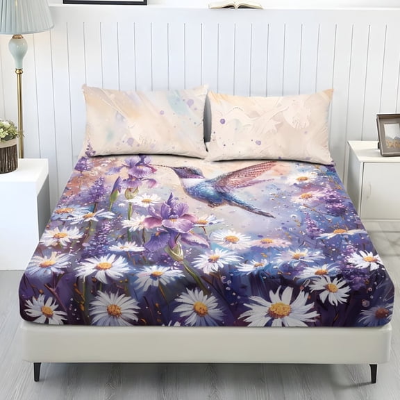 POLERO Daisy Flower Hummingbirds Sheets Set Breathable Cooling Bed Sheet for Queen Bed Soft Breathable Bedding Cover All Season,Comfort Soft Bed Cover for Kids Adult Bedroom,Twin