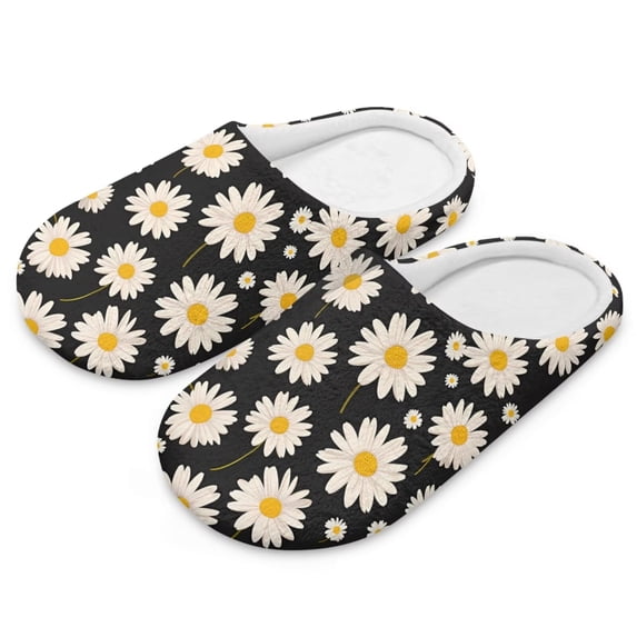 POLERO Daisy Flower Print House Slippers for Women Men, Lightweight Fabric Casual Cotton Slide, Warm Closed Toe Home Shoes for Winter Indoor and Outdoor, Size 9-10