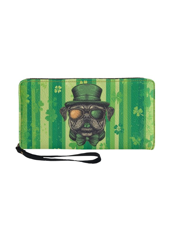 Dapper Dog in Green Money Pocket for Shopping Travel, Wrist Strap Long Wallet PU Leather Zipper Round Women's Wallets