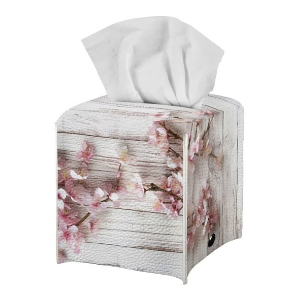 POLERO Decorative Car Tissue Holder, Cherry Blossom Wooden Square Tissue Box Cover PU Leather Facial Paper Case Organizer Dispenser for Bathroom, Vanity Countertop, Night Stands, Desk