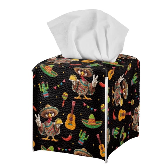 POLERO Decorative Tissue Box Cover Square with Mexican Turkey Guitar Pattern Tissue Box Holder Waterproof PU Leather Modern Facial Organizer for Bathroom/Car/Office Home Decor