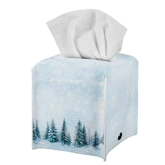 POLERO Decorative Tissue Box Cover Square, Waterproof PU Leather Car Tissue Holder with Winter Tree Print Facial Napkin Organizer on Table and Bathroom, Office