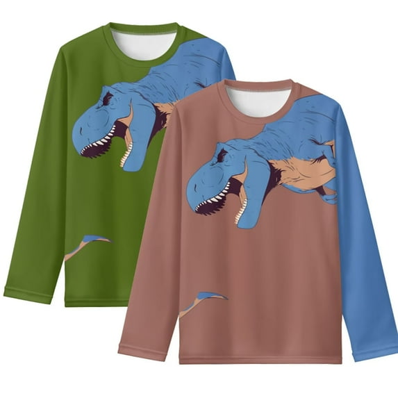 POLERO Dinosaur Girls Long Sleeve Shirts 2 Pack Casual Lightweight Brown Green Layering Tops 3-4 Years Slim Fit Crewneck Casual Undershirts